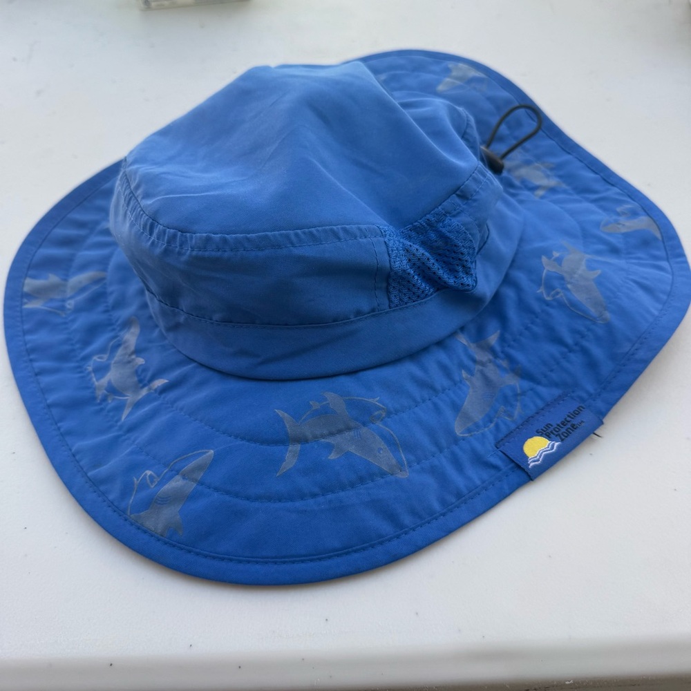 Sun Protection Zone Child Bucket Hat Blue Gray Shark Print Hook Loop Chin Strap